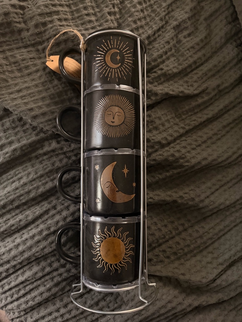 Celestial Black Stackable Mugs Set with Gold Sun & Moon Motifs